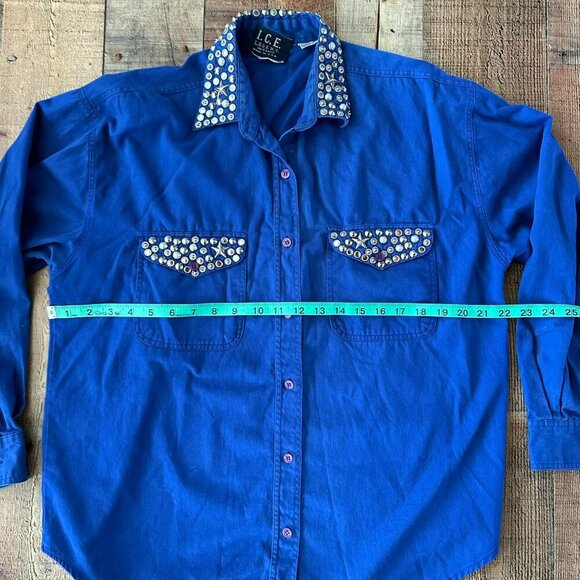 Vintage I.C.E. Lookny Blue Denim Shirt with Rhinestone Studded Collar & Pockets - Picture 4 of 7